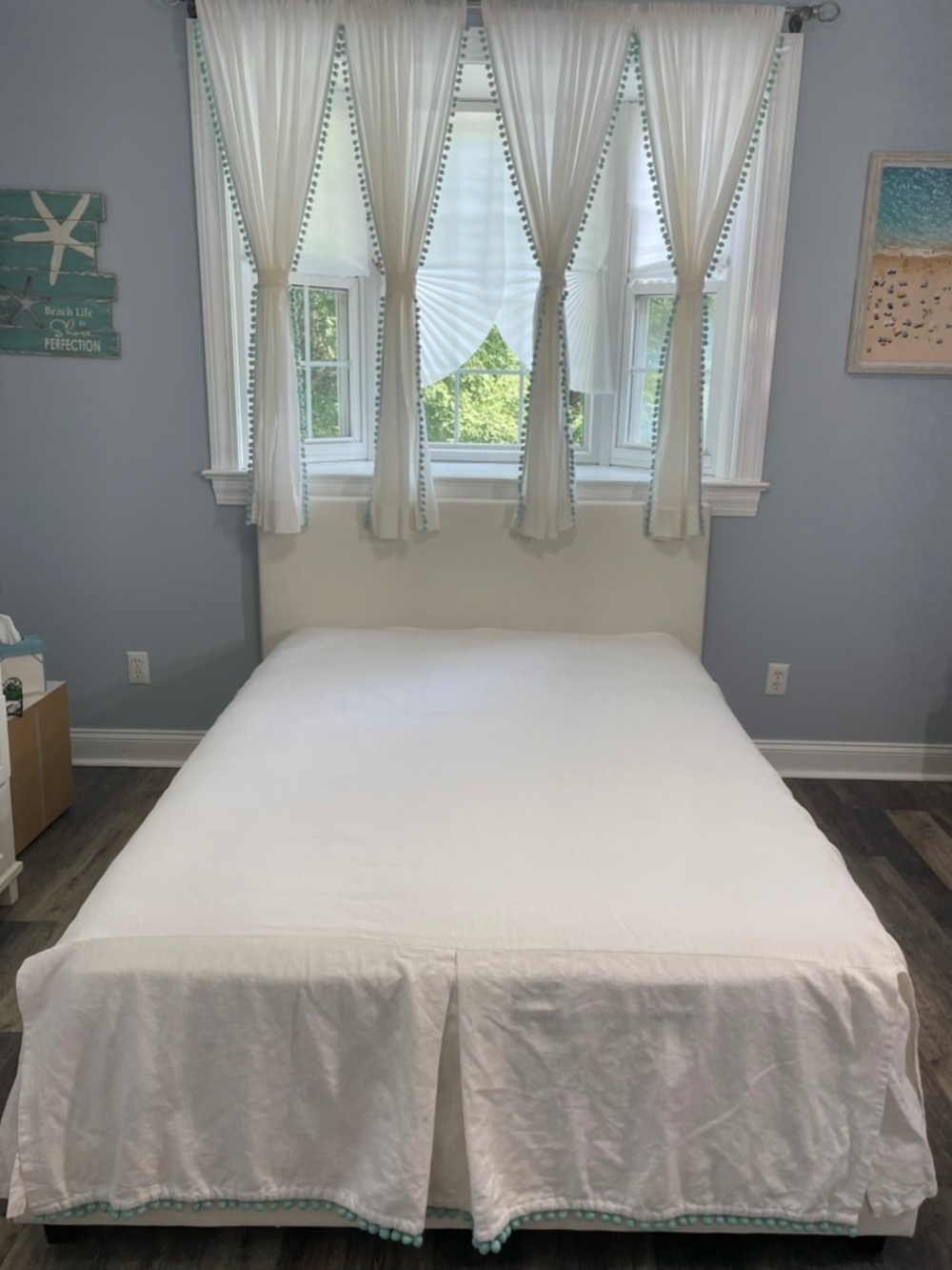 Pottery Barn Teen Pom Pom Sheer Curtains W/Full Bedskirt (white with teal)